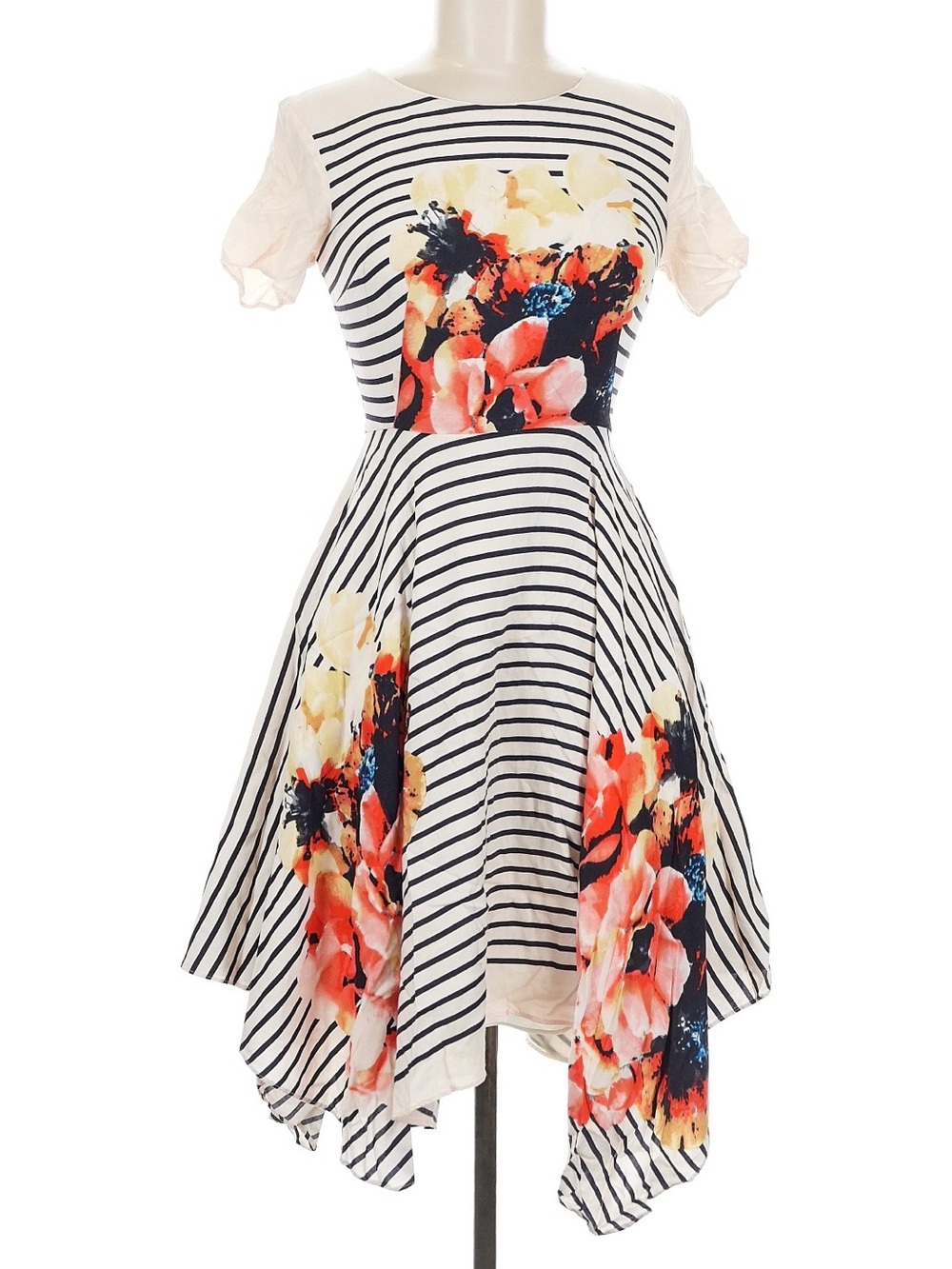 Corey Lynn Calter Vera Dress Black & White Striped Floral Handkerchief Hem Dress